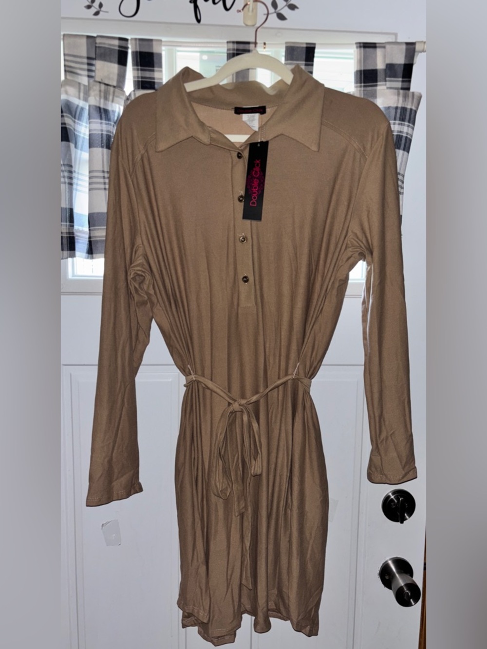 Double Click LARGE Long Sleeve Tie-Waist Midi Dress in khaki~NWT